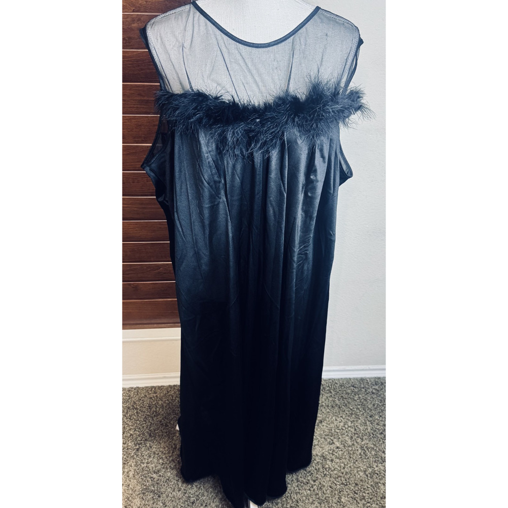 VTG Black Sheer Feather Trim Nightgown Long Mesh Yoke Glam Boudoir Gown 3X